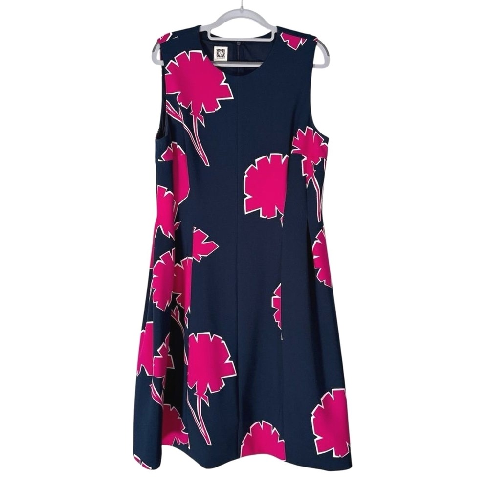 Anne Klein Dress Navy Blue Pink Floral Scuba Sleeveless Sheath Womens Large